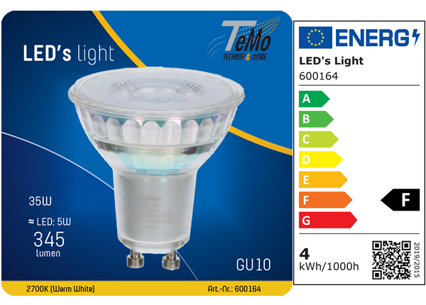 1 STÜCK (VPE) SHADA LED Spot GU10 345lm 4W, Warmweiss 2700K, MR16 klar, dimmbar, EEC: F (600164)